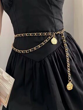 Gold Floral Chain Necklace with Black Leather Weave